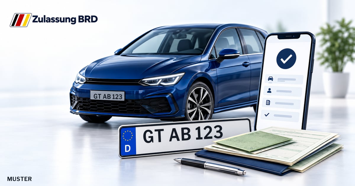 Online Fahrzeugzulassung in Landkreis Gütersloh: Musterkennzeichen GT AB 123, Auto und Fahrzeugpapiere und Smartphone. Illustration mit Logo von Zulassung BRD.